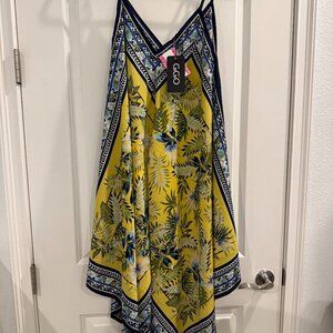 Scarf Print Dress in Blue, Yellow and Green Print with Asymetrical Hem